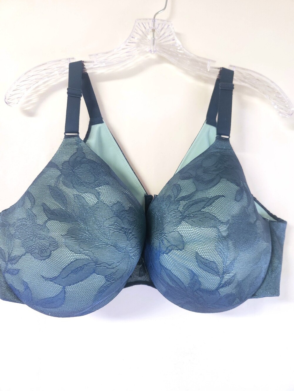 Cacique Lane Bryant Teal Blue Floral Lace Lightly Lined Full Coverage Bra 44D